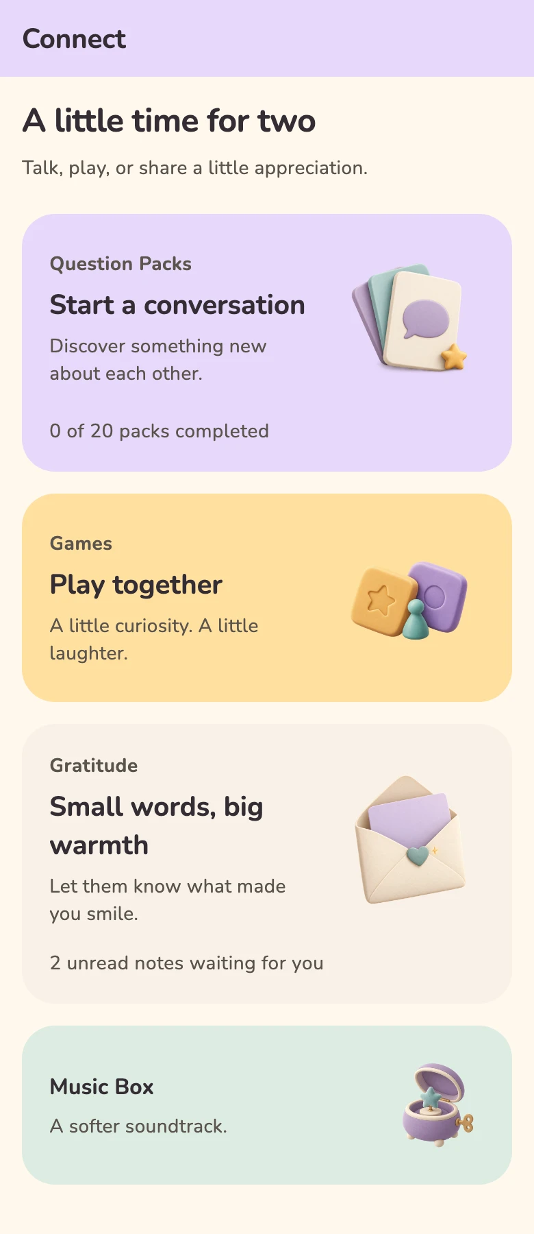 Bondling Connect with question packs, games, gratitude, and Music Box activities.