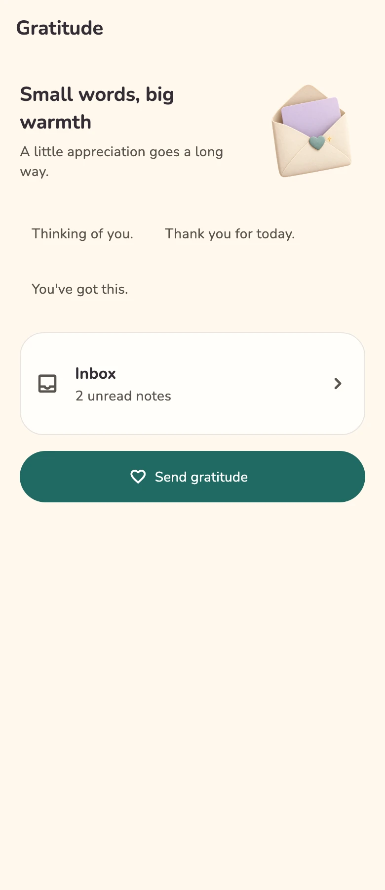 Bondling Gratitude with appreciation starters, an inbox, and the Send gratitude action.
